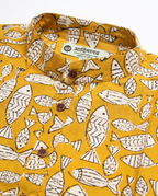 Mustard Fish - Handblock Print - Mens Pure Cotton Short Kurta