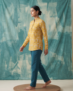 Mustard Fish - Handblock Print - Mens Pure Cotton Short Kurta