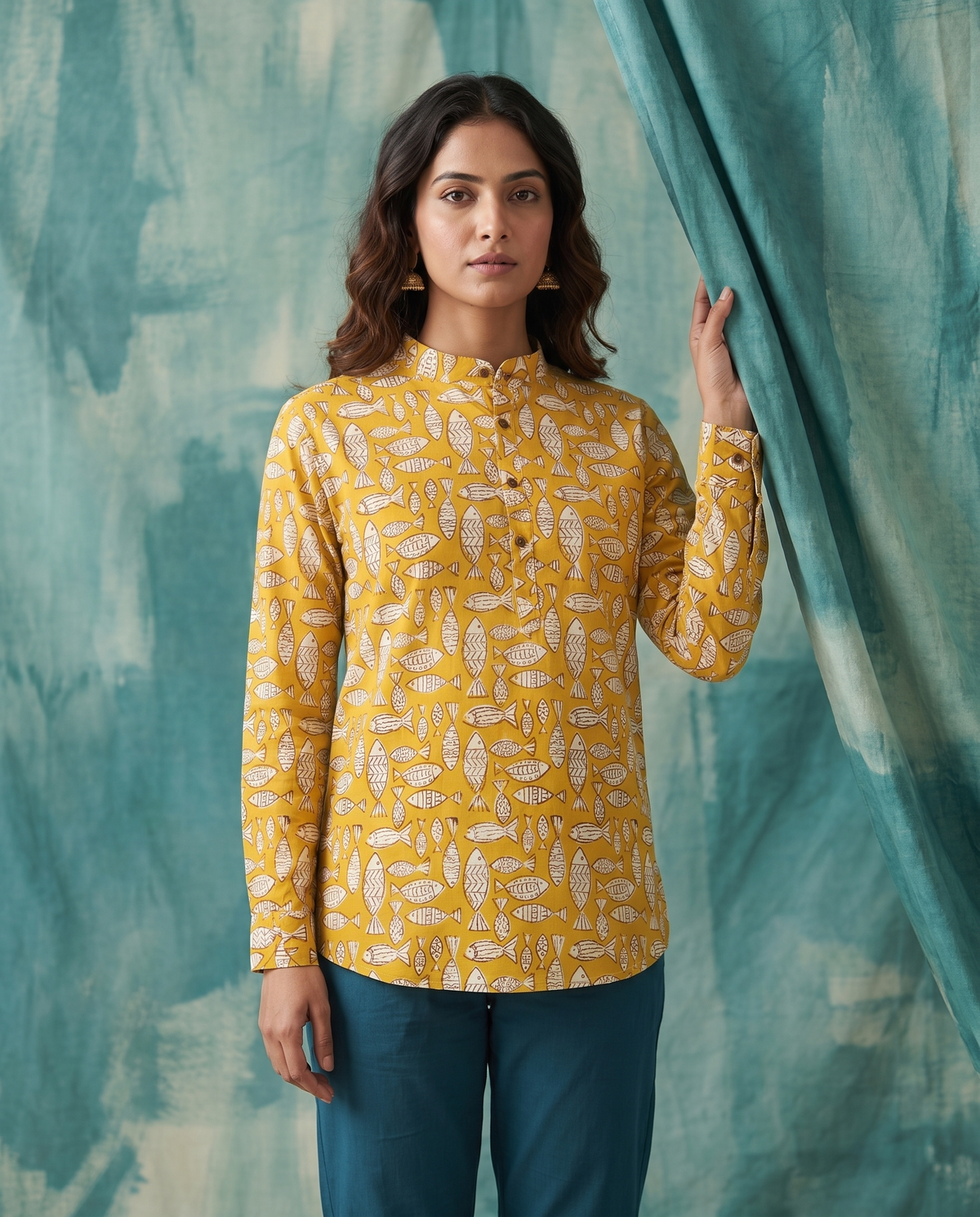 Mustard Fish - Handblock Print - Mens Pure Cotton Short Kurta