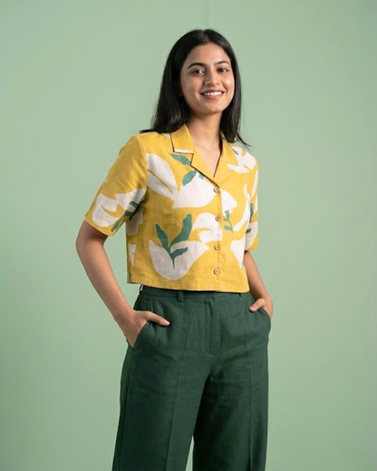 Mustard Leaves - Sanganeri Print – Women’s Pure Cotton Crop Shirt