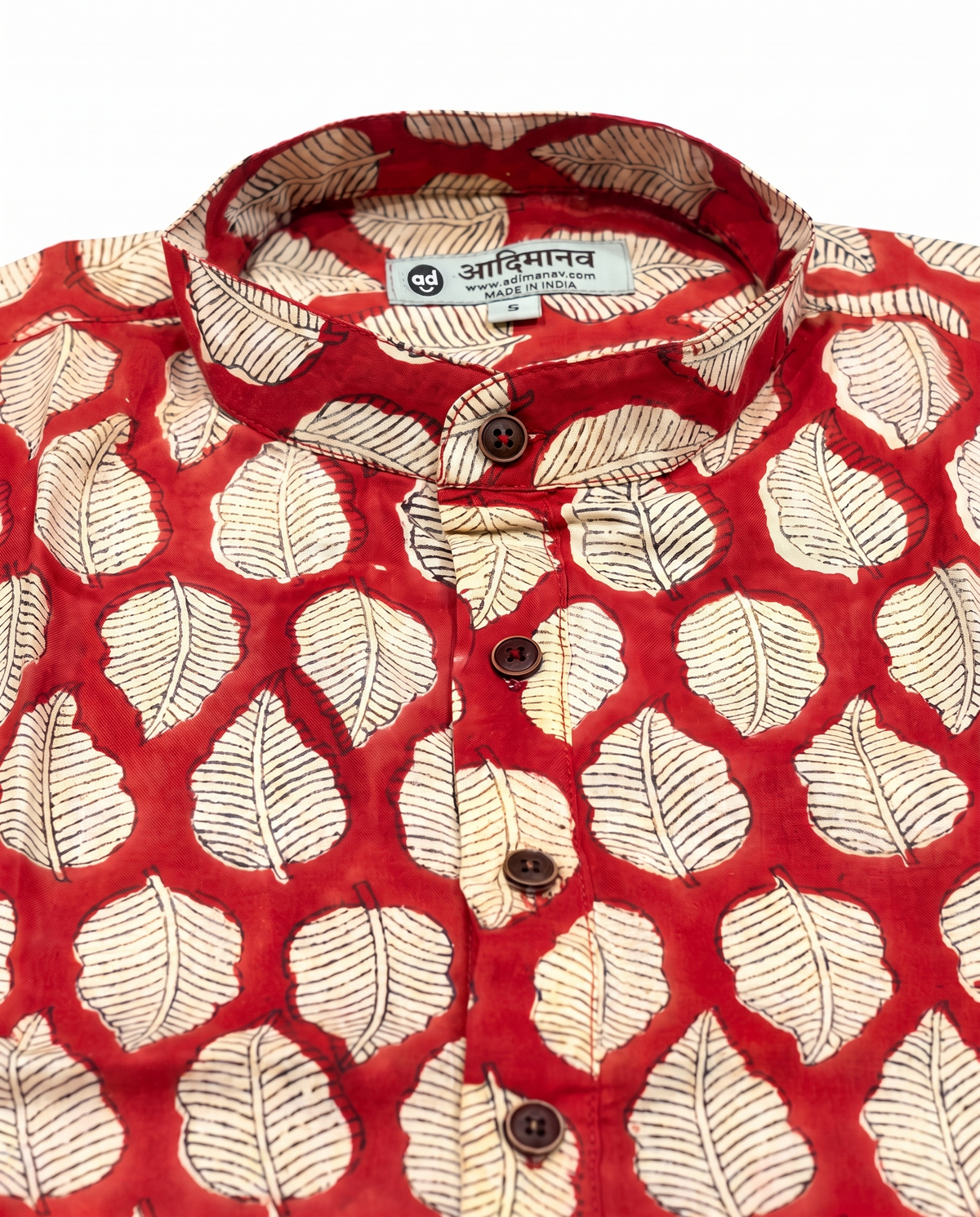 Peepal Leaves Terracotta - Handblock Print - Mens Pure Cotton Short Kurta
