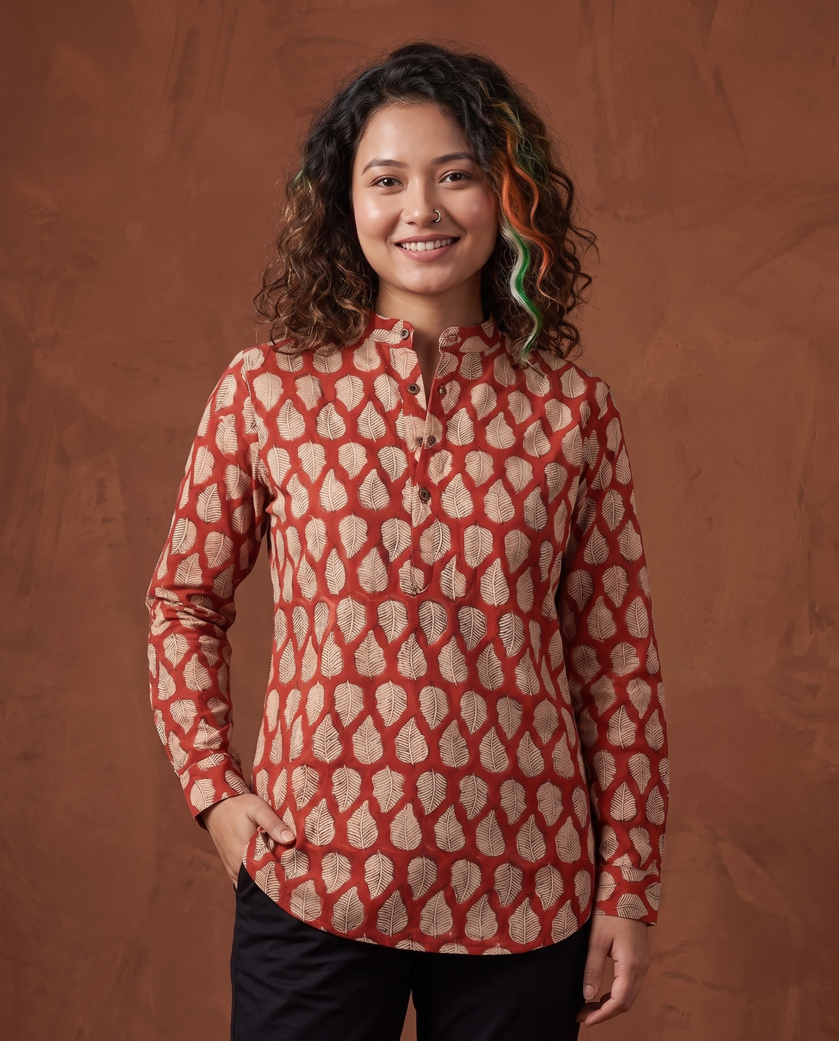 Peepal Leaves Terracotta - Handblock Print - Adults Pure Cotton Short Kurta