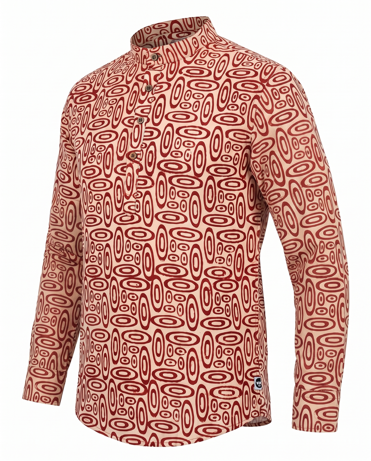 Red Ovals - Handblock Print - Mens Pure Cotton Short Kurta