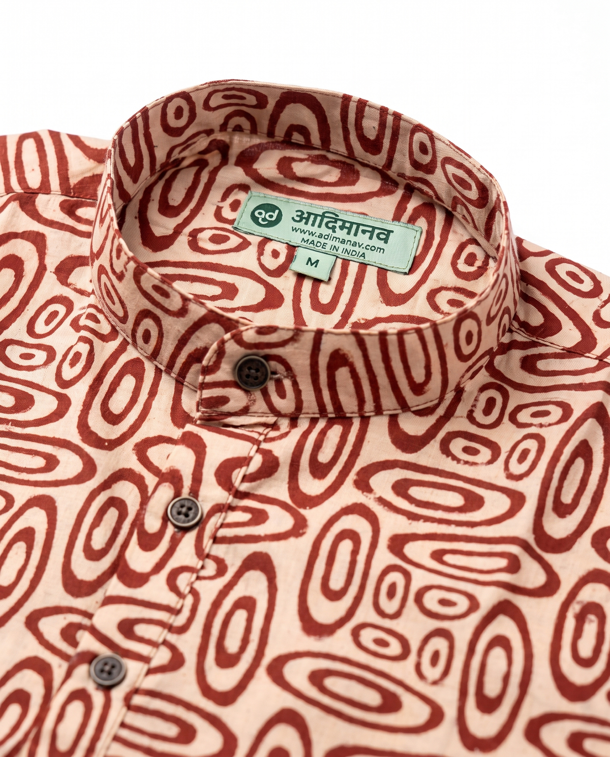 Red Ovals - Handblock Print - Mens Pure Cotton Short Kurta