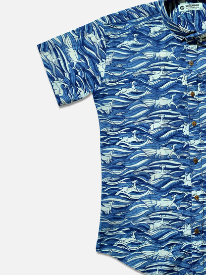 Surfing Deers - Handblock Print - Men’s Pure Cotton Regular Shirt