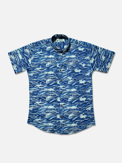 Surfing Deers - Handblock Print - Men’s Pure Cotton Regular Shirt