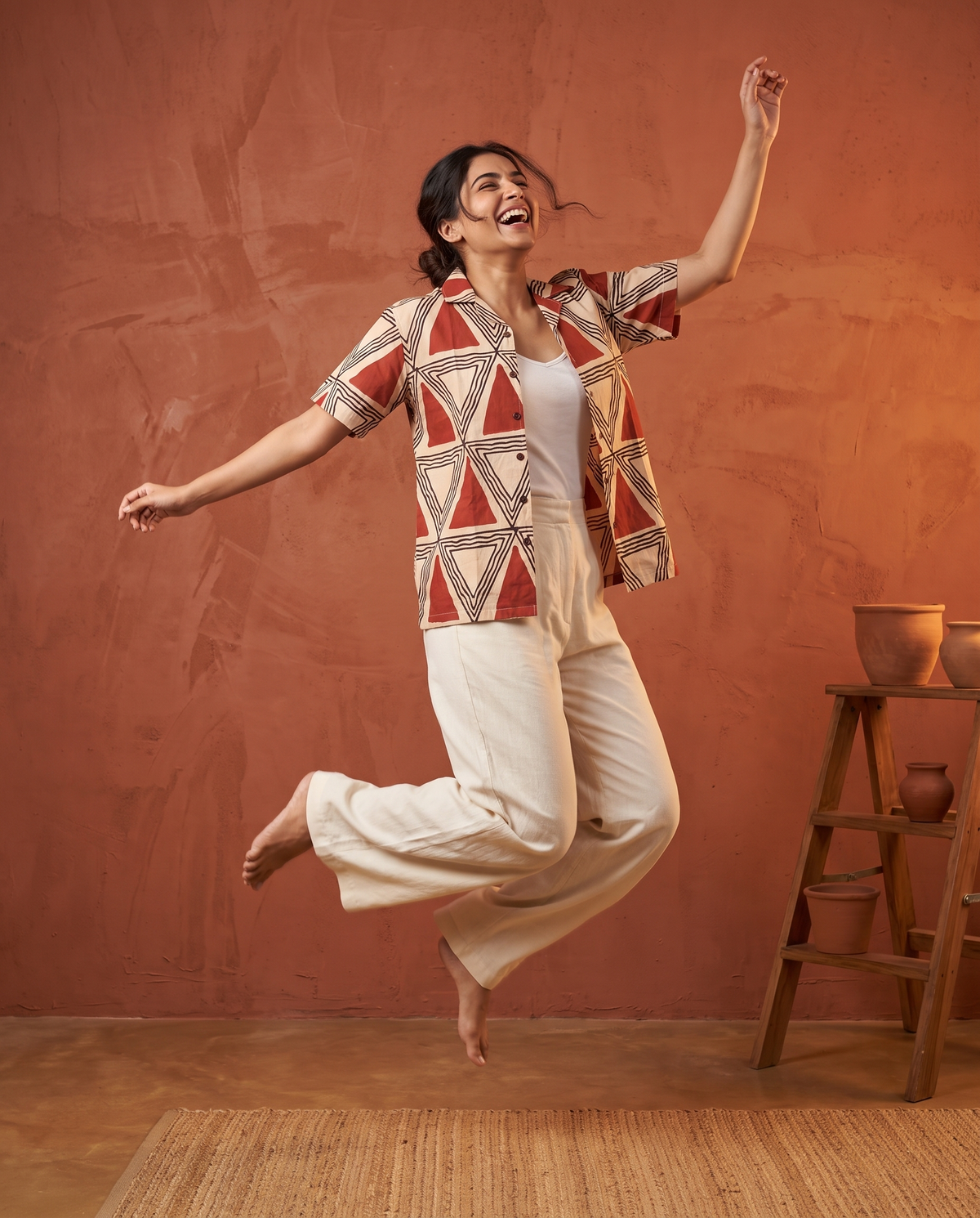 Terracotta Triangles - Handblock Print - Unisex Pure Cotton Cuban Collar Shirt