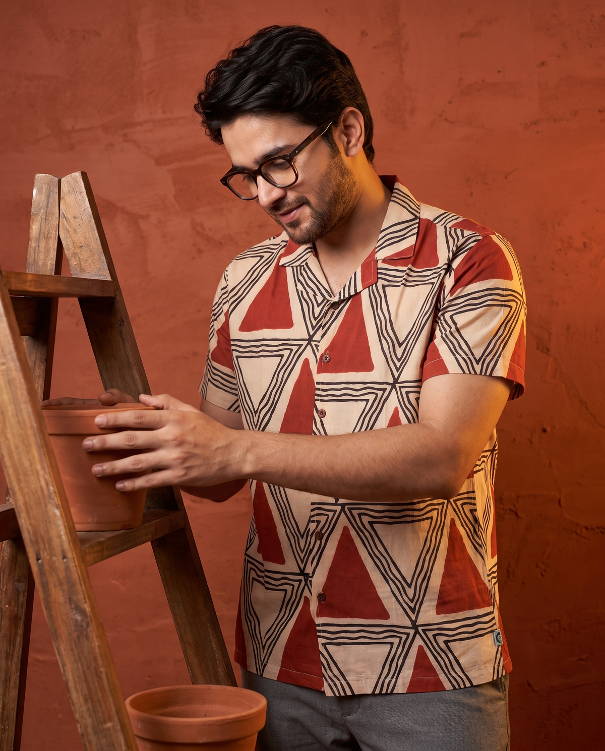 Terracotta Triangles - Handblock Print - Unisex Pure Cotton Cuban Collar Shirt