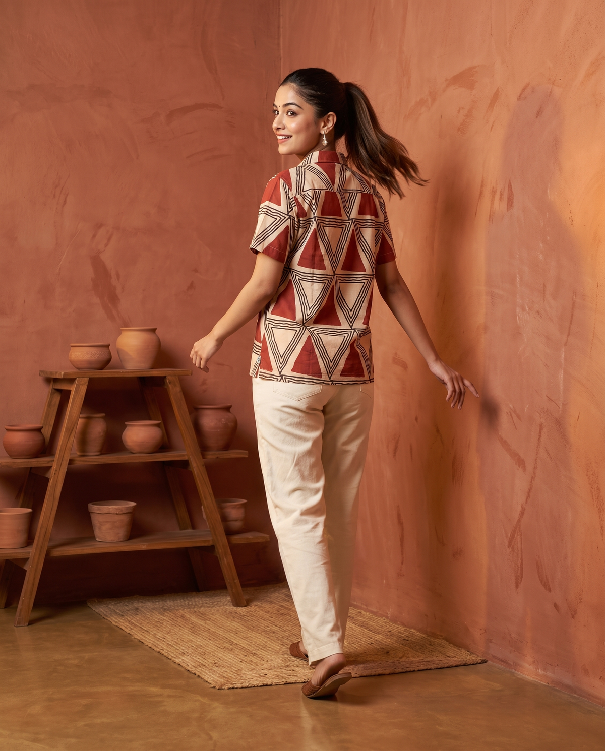 Terracotta Triangles - Handblock Print - Unisex Pure Cotton Cuban Collar Shirt