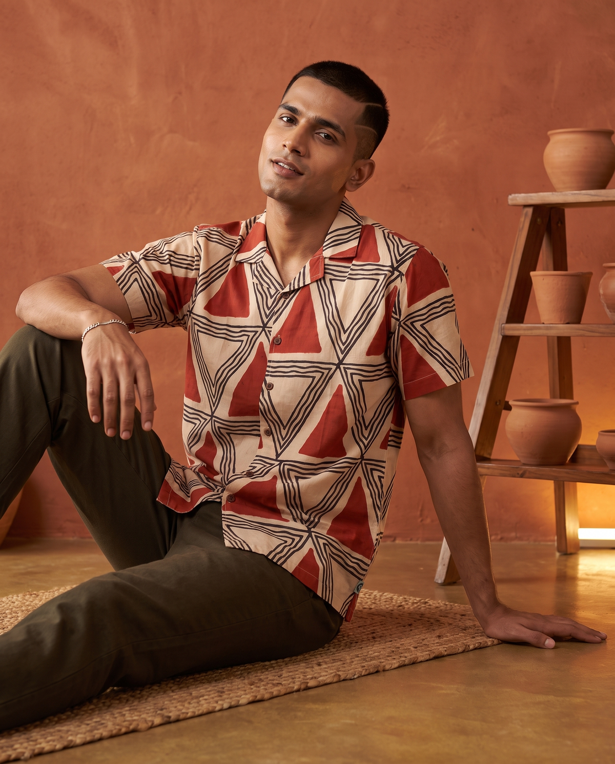 Terracotta Triangles - Handblock Print - Unisex Pure Cotton Cuban Collar Shirt
