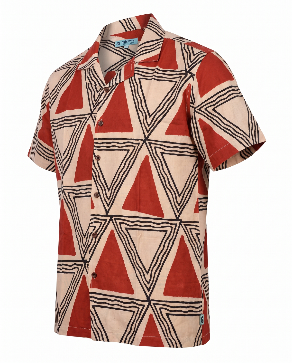 Terracotta Triangles - Handblock Print - Unisex Pure Cotton Cuban Collar Shirt