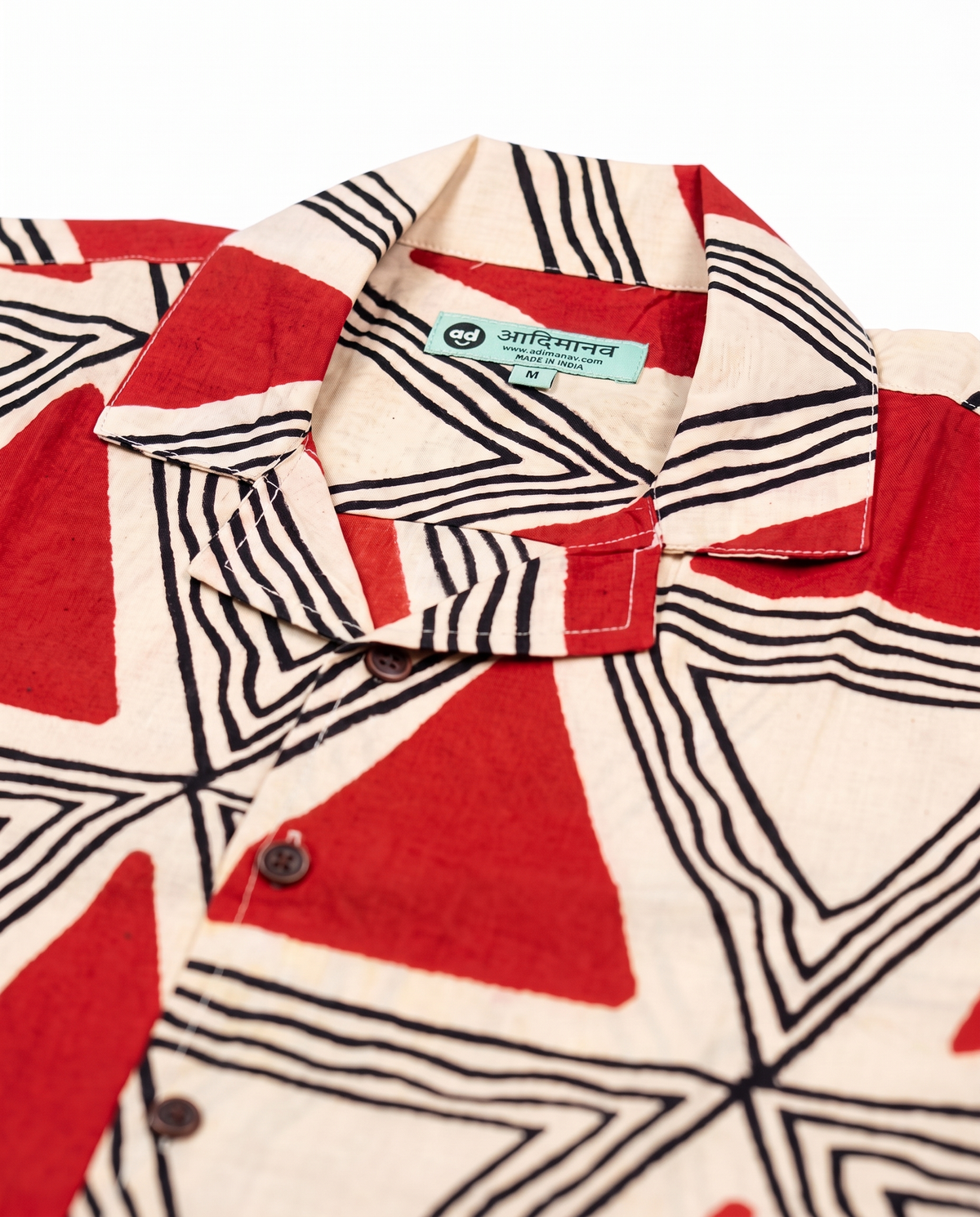 Terracotta Triangles - Handblock Print - Unisex Pure Cotton Cuban Collar Shirt