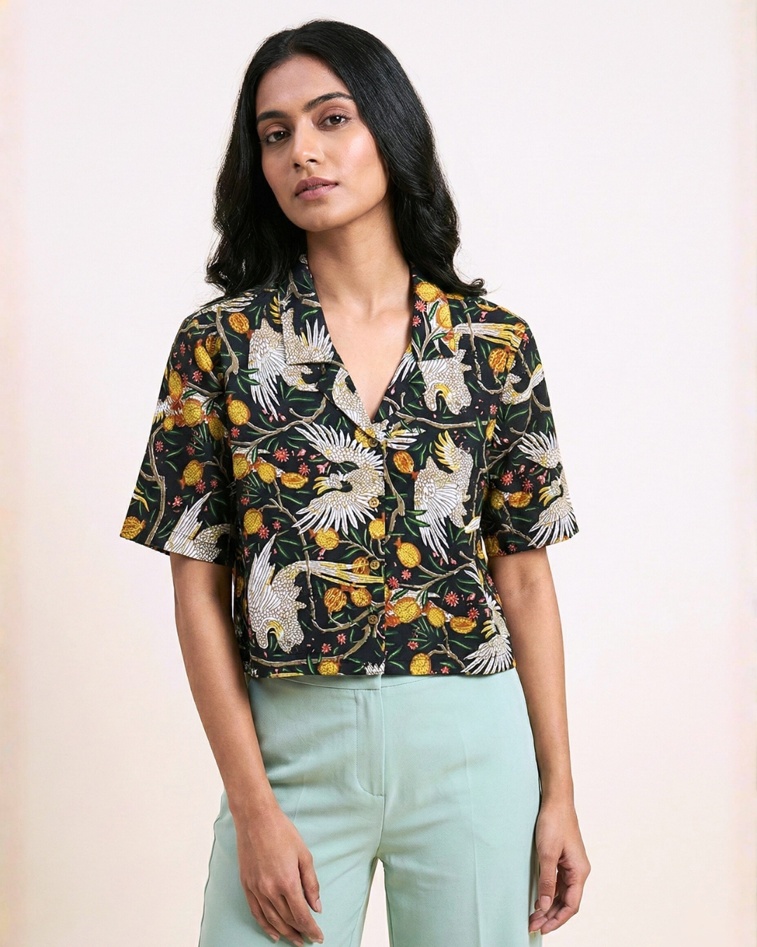 Tropical Birds - Sanganeri Print - Women’s Pure Cotton Crop Shirt