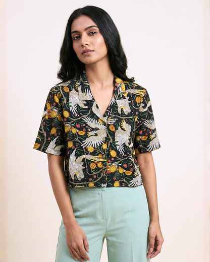 Tropical Birds - Sanganeri Print - Women’s Pure Cotton Crop Shirt