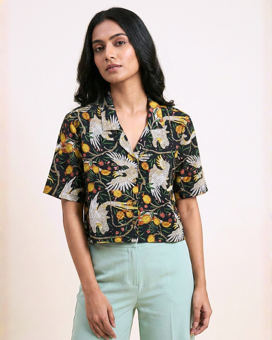 Tropical Birds - Sanganeri Print - Women’s Pure Cotton Crop Shirt