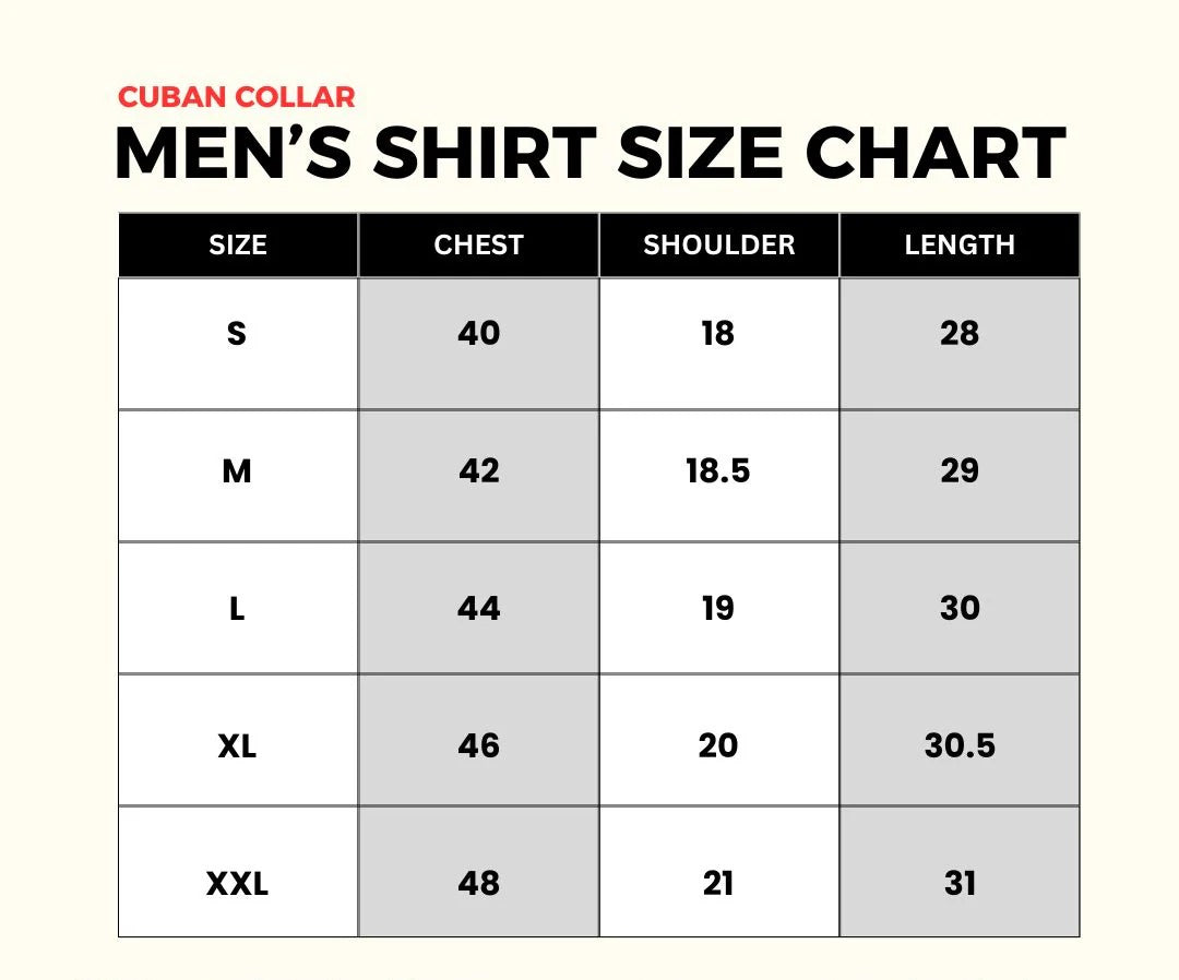 Unisex cuban collar shirts size chart