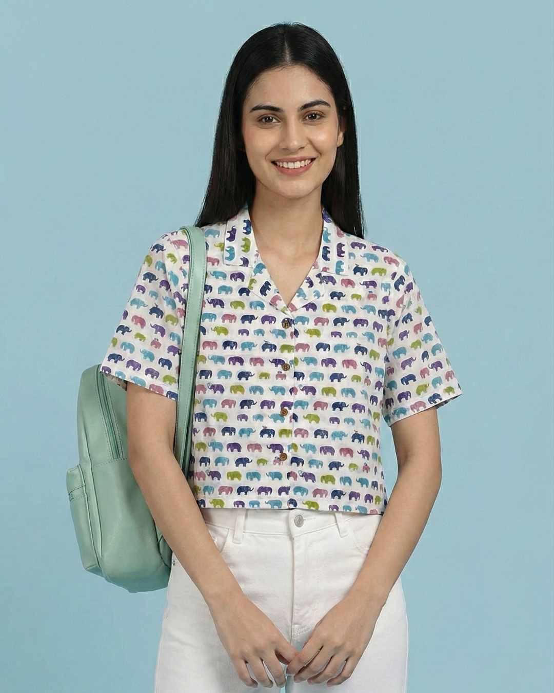 Vibrant Elephants - Sanganeri Print – Women’s Pure Cotton Crop Shirt