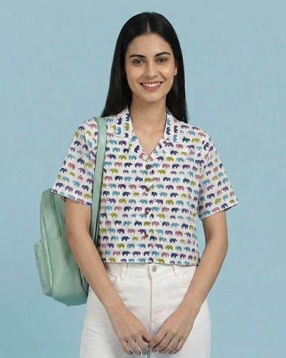 Vibrant Elephants - Sanganeri Print – Women’s Pure Cotton Crop Shirt