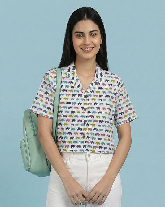 Vibrant Elephants - Sanganeri Print – Women’s Pure Cotton Crop Shirt
