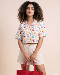 Vibrant Owls - Sanganeri Print – Women’s Pure Cotton Crop Shirt