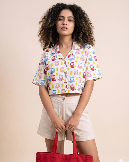 Vibrant Owls - Sanganeri Print – Women’s Pure Cotton Crop Shirt