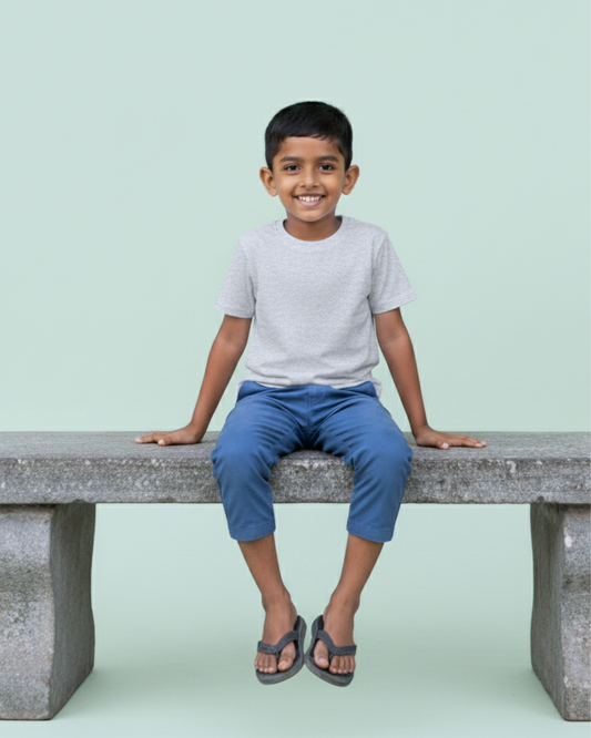 White Melange Half Sleeve Plain Kids T-Shirt