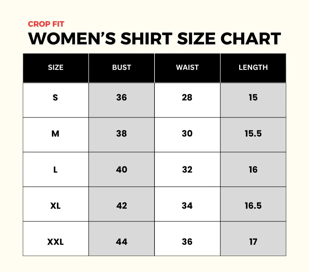 Size chart for women's crop shirt